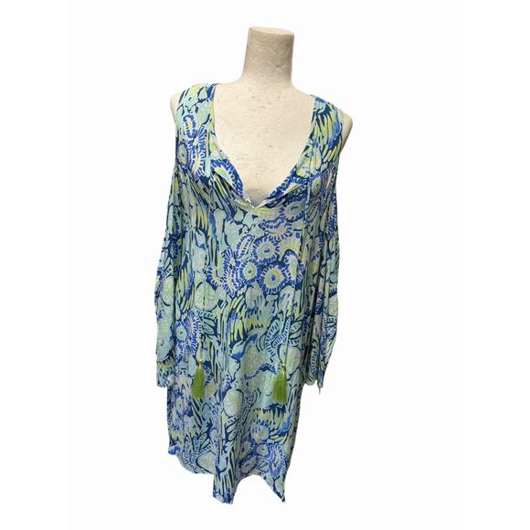 Lilly Pulitzer Benicia Open Shoulder Dress V Neck Rayon Resort Wear Beach Large - Picture 3 of 8